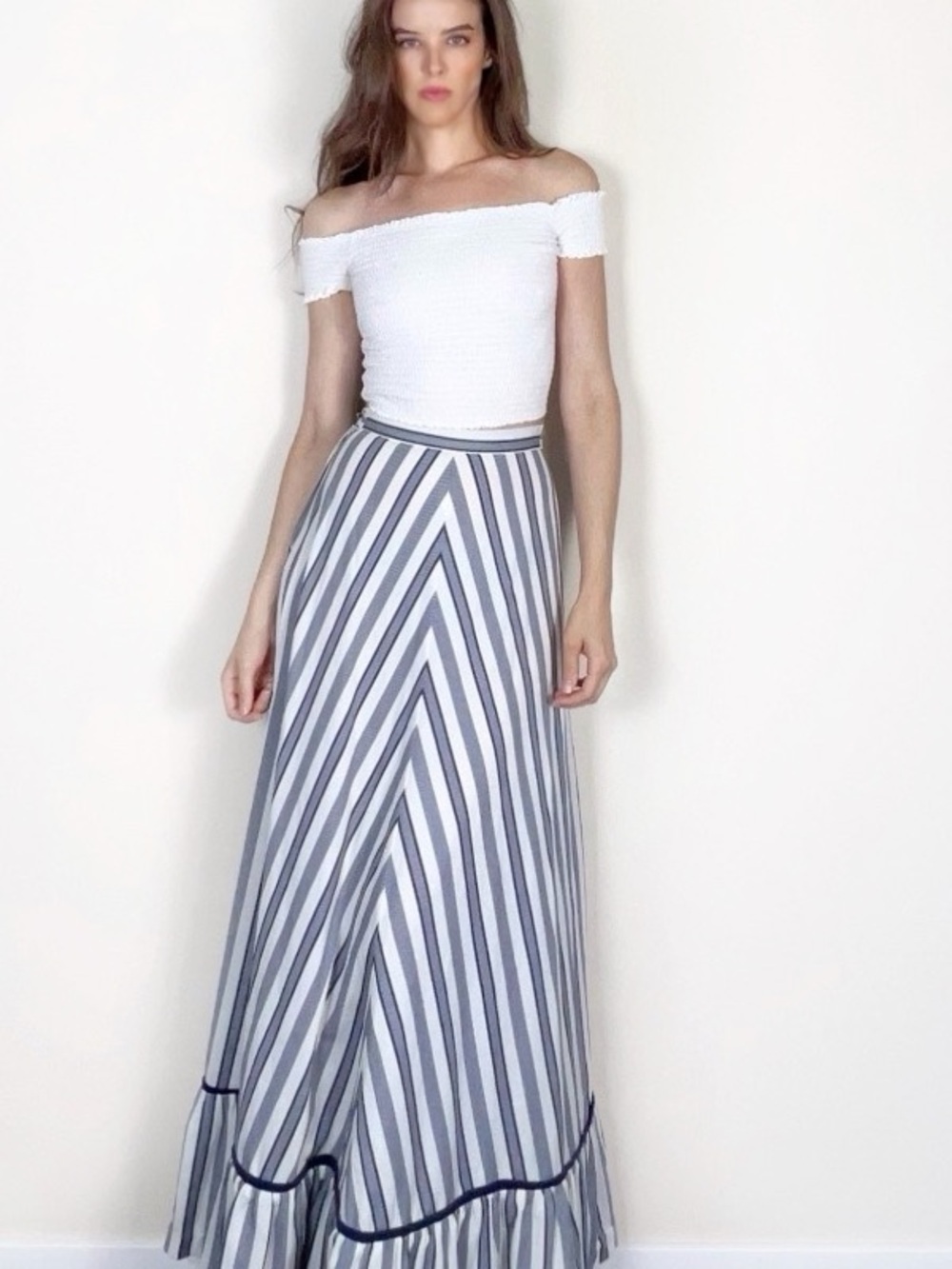 Vintage 70s White and Navy Striped Maxi Skirt with Ruffle Hem